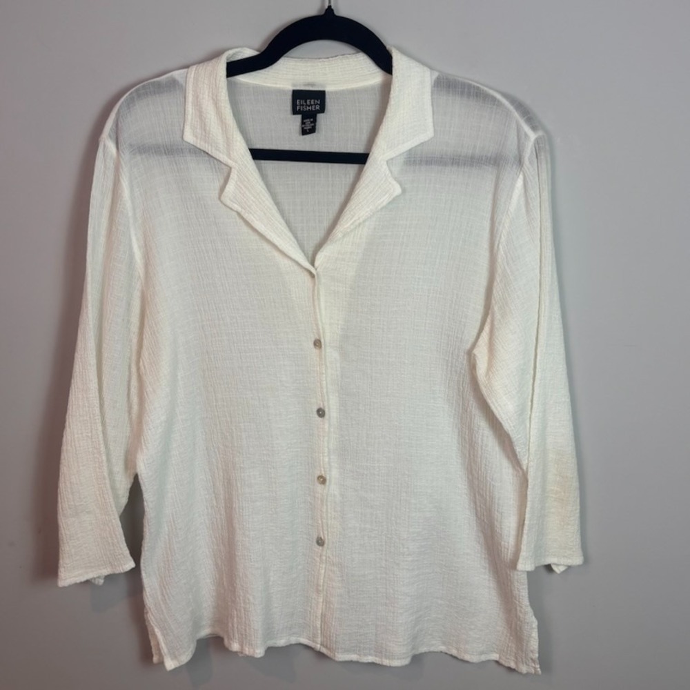 Eileen Fisher Womens Cotton blend white gauzy button front stretch blouse Large